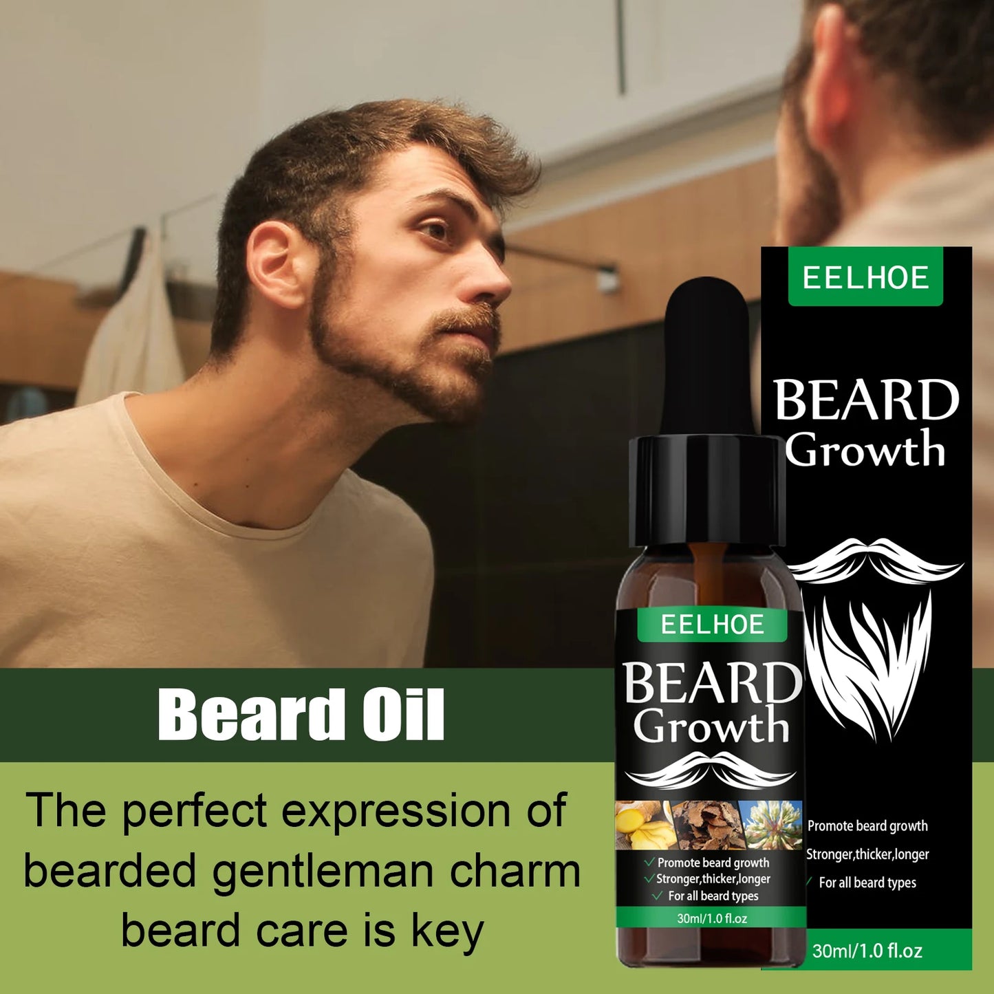 EELHOE Natural Beard Growth Oil 30ml — Nourishing, Strengthening, Fuller Beard Grooming Serum