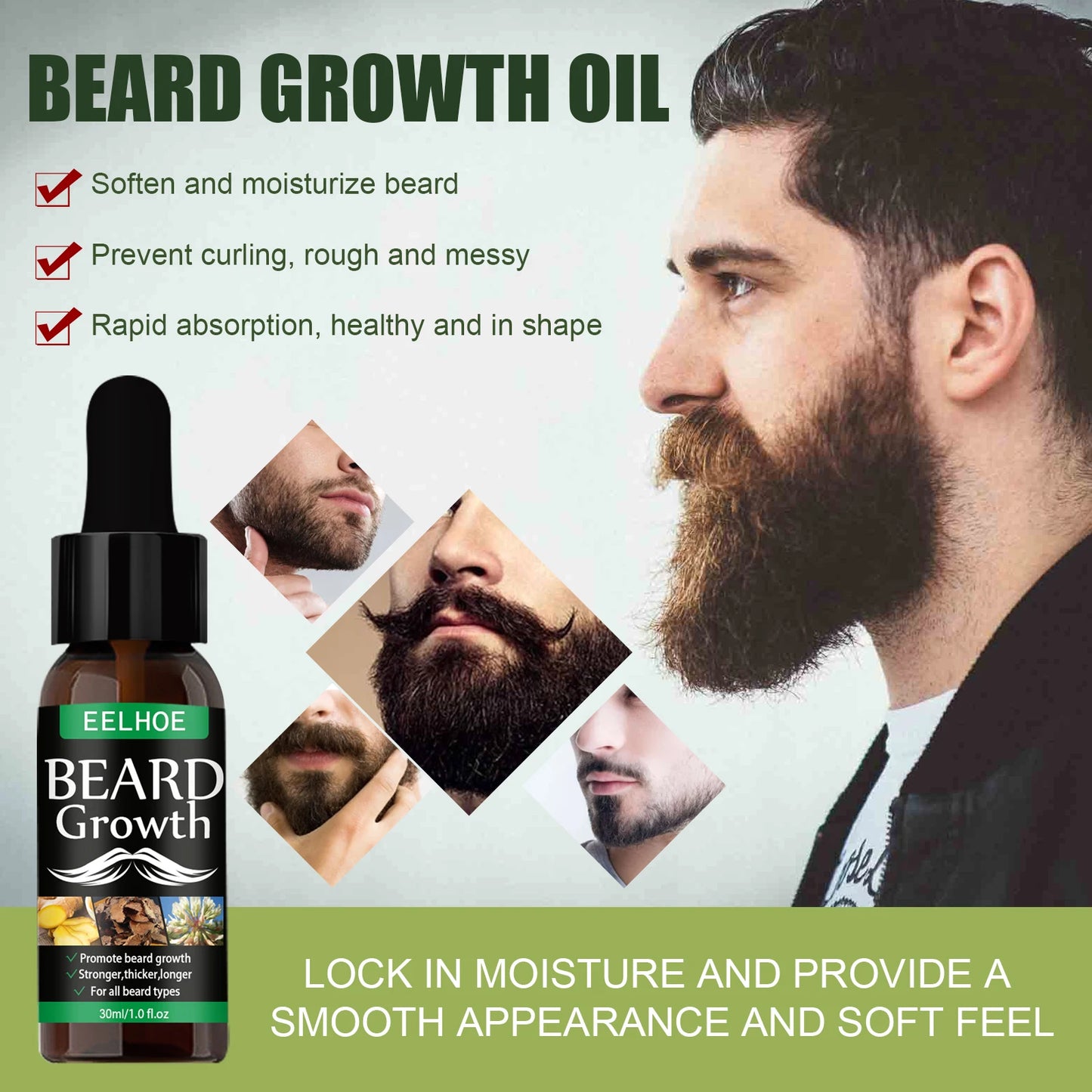 EELHOE Natural Beard Growth Oil 30ml — Nourishing, Strengthening, Fuller Beard Grooming Serum